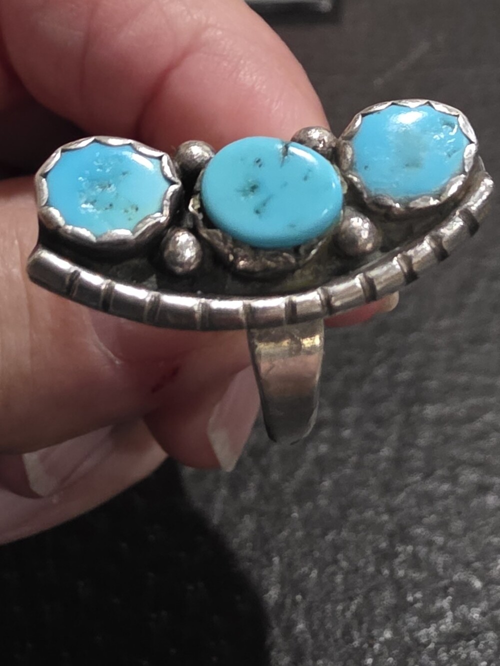 Vintage  KingmanTurquoise Triple Stone Ring Set In Sterling Silver, Size 7